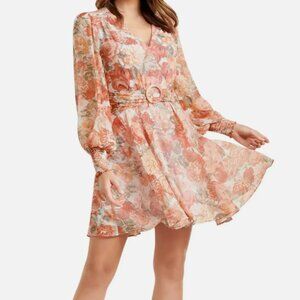 Ever New Coral Sunrise Floral Print Long Sleeve Minidress - Size 6